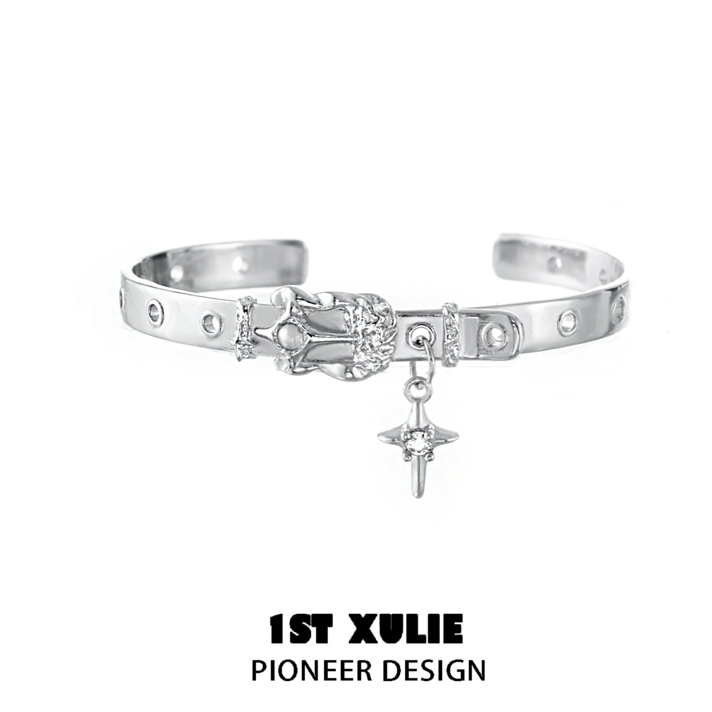 Y2K silver belt bracelet featuring a decorative design and charm for a trendy look