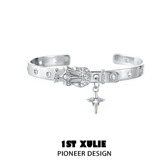 Y2K silver belt bracelet featuring a decorative design and charm for a trendy look