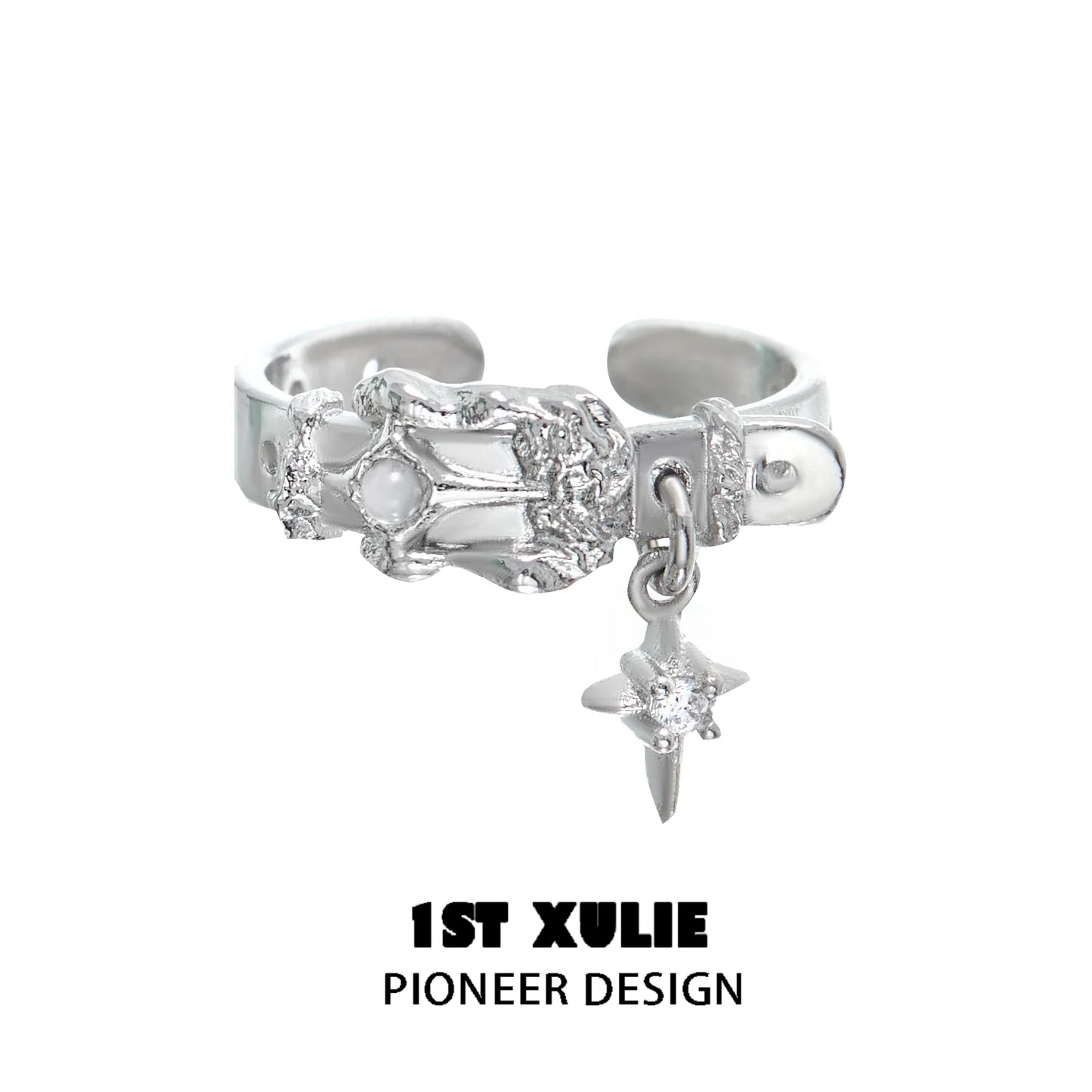 Y2K silver belt buckle ring featuring unique design with star charm and intricate detailing
