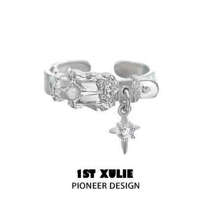 Y2K silver belt buckle ring featuring unique design with star charm and intricate detailing