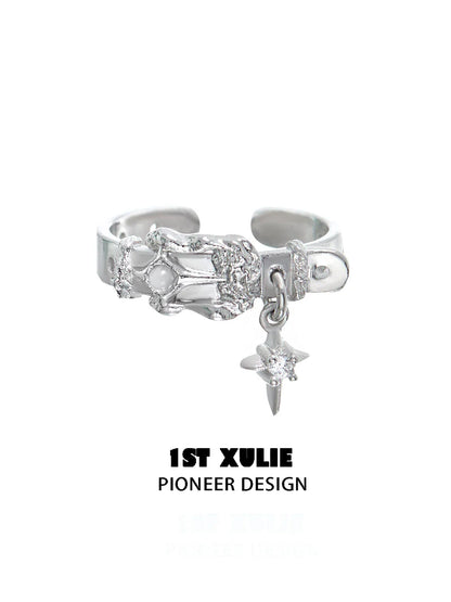 Y2K silver belt buckle ring featuring a unique hand motif and star charm for a trendy style