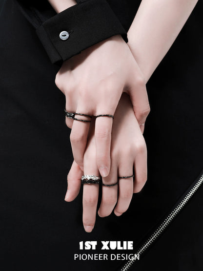 Stylish Y2K silver couple ring displayed on hands with multiple rings for a fashionable look