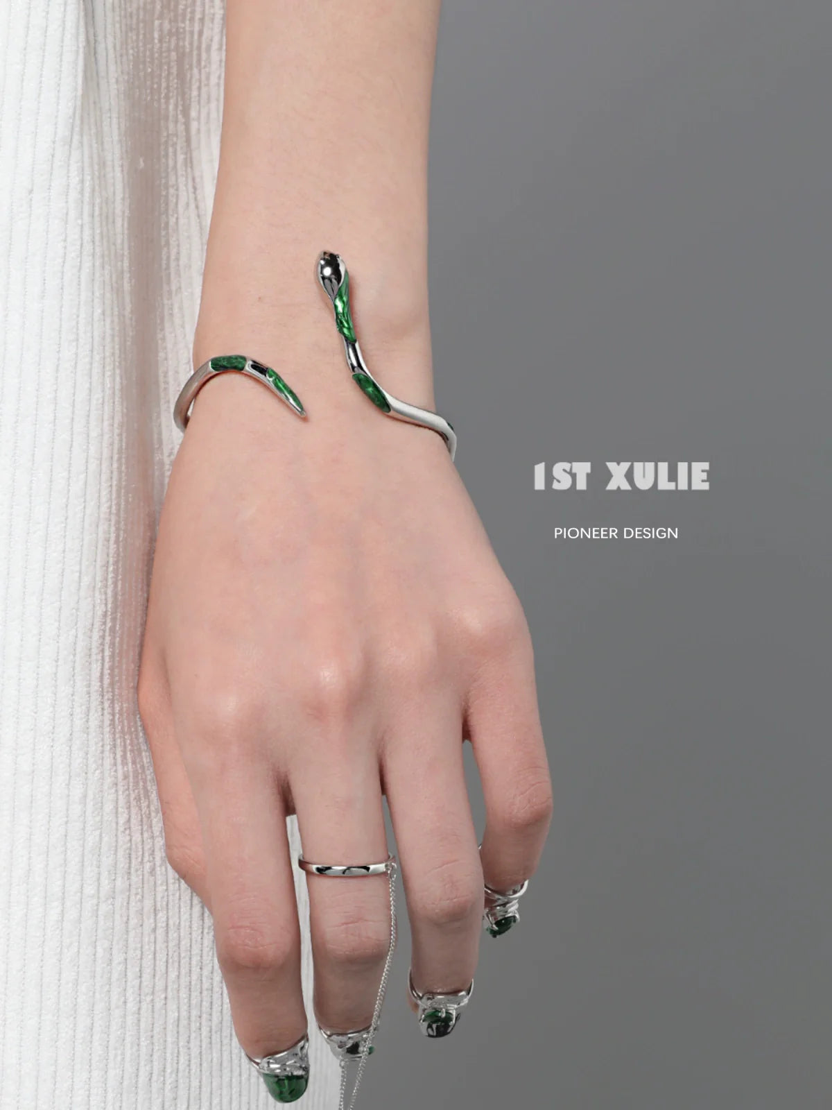 Y2K Slytherin snake bracelet in silver and green designed for stylish fans of contemporary fashion