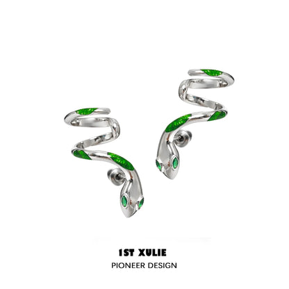 Y2K Slytherin snake earrings in silver with green accents for a stylish statement