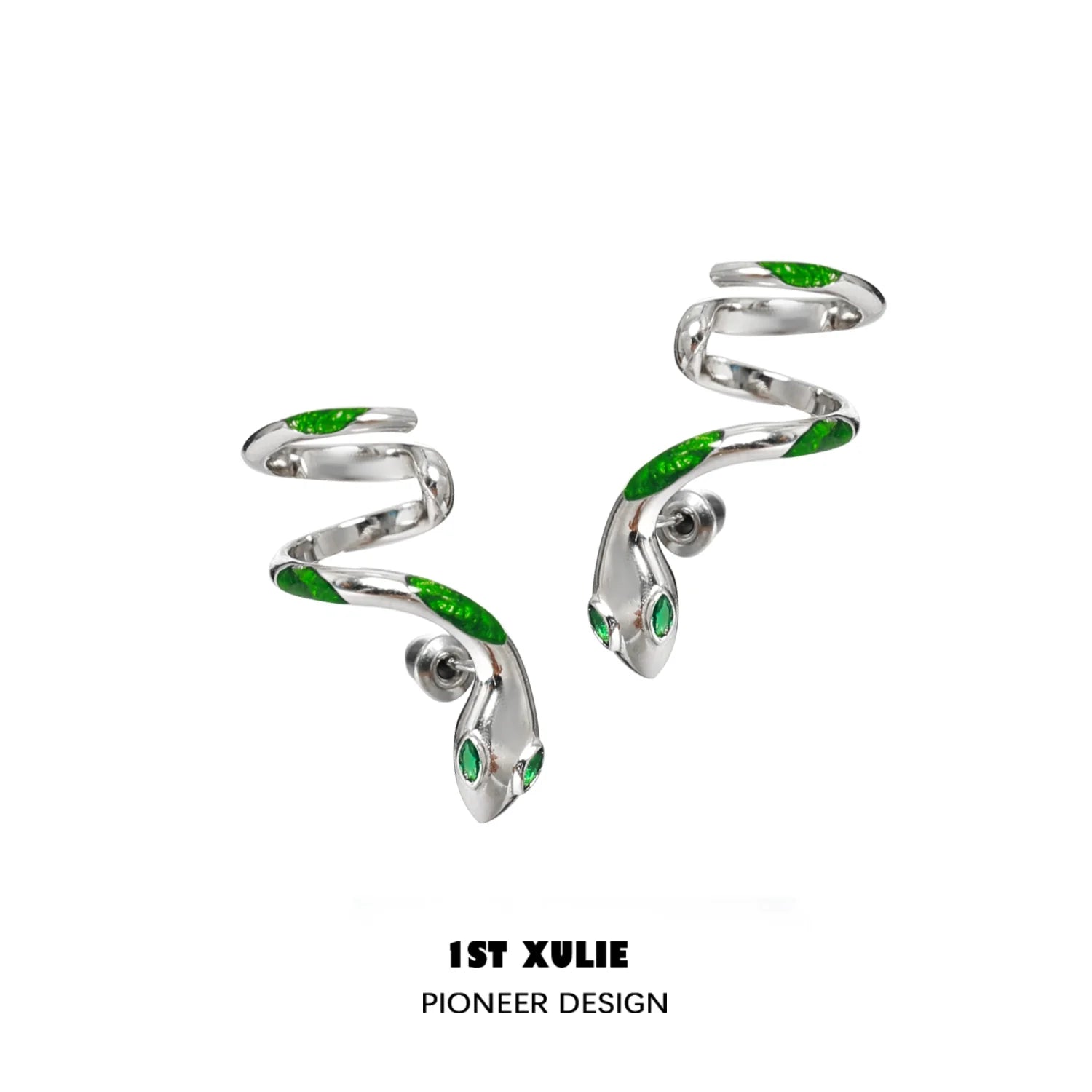 Y2K Slytherin snake earrings with silver finish and green enamel detailing for a stylish look