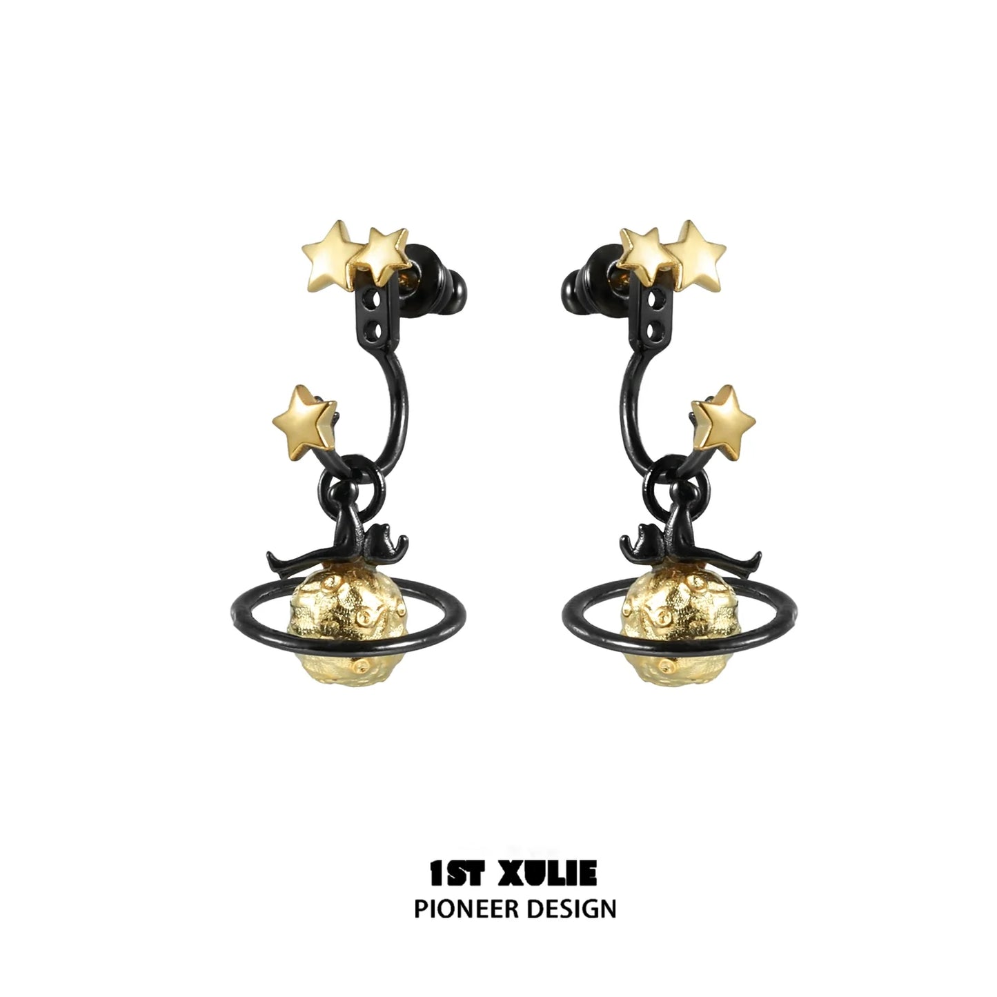 Y2K star earrings featuring gold stars and planet design on black metal hoops