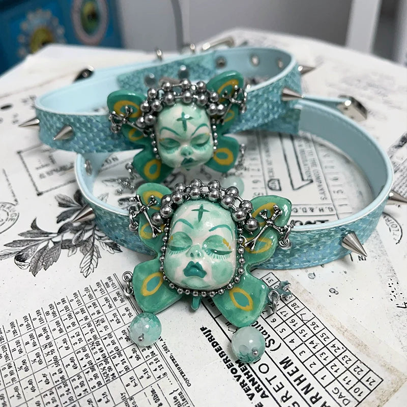 Choker-Ersan Tongsheng original homemade neck chain choker collar niche punk subculture Y2K bracelet leather collar