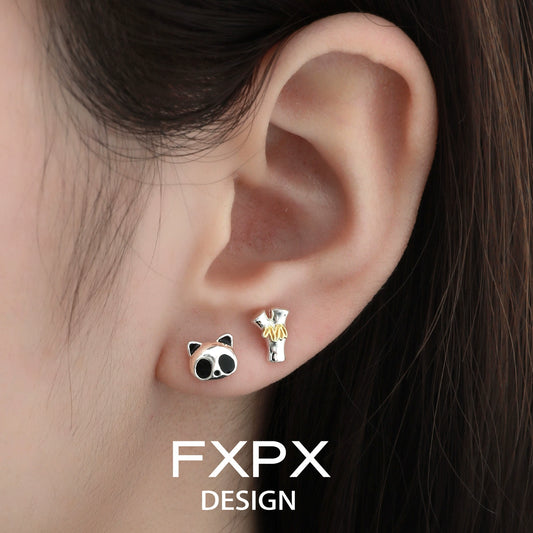 Panda Bamboo Silver Stud Earrings