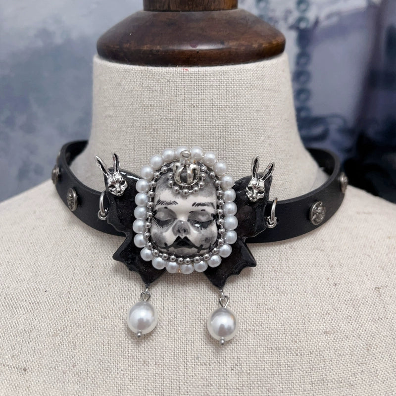 Necklaces-Ersan Tongsheng Original Design Pearl Titanium Steel Necklace Heavy Industry Diablo Goth Collarbone Chain Choker Vintage Doll