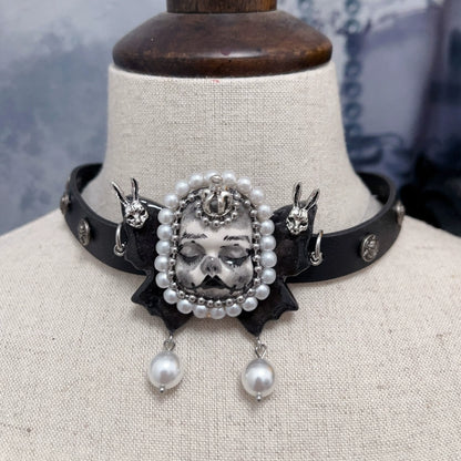 Necklaces-Ersan Tongsheng Original Design Pearl Titanium Steel Necklace Heavy Industry Diablo Goth Collarbone Chain Choker Vintage Doll
