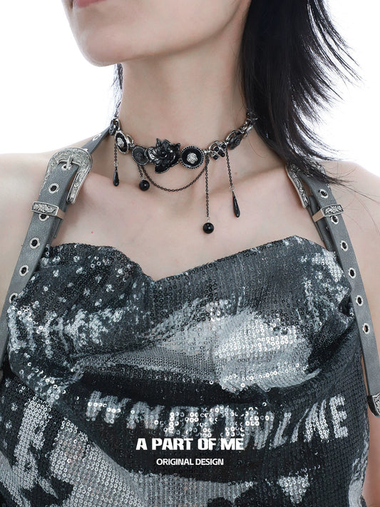 Black Flower Button Necklace