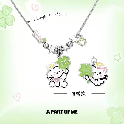 Lucky Clover Cat & Puppy Necklace