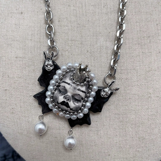 Necklaces-Ersan Tongsheng Original Design Pearl Titanium Steel Necklace Heavy Industry Diablo Goth Collarbone Chain Choker Vintage Doll