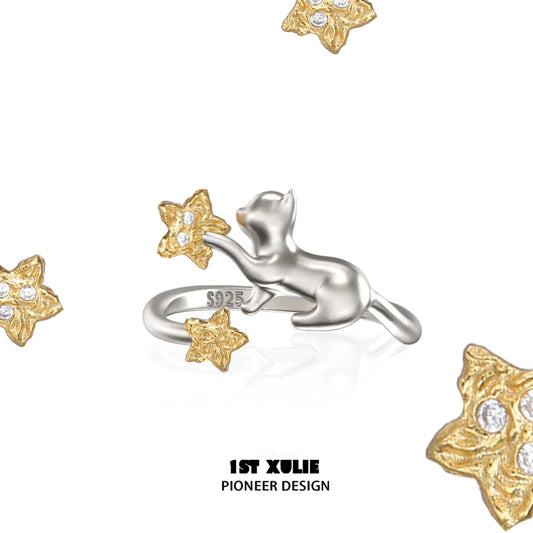 Star-Picking Cat Cool Silver Ring