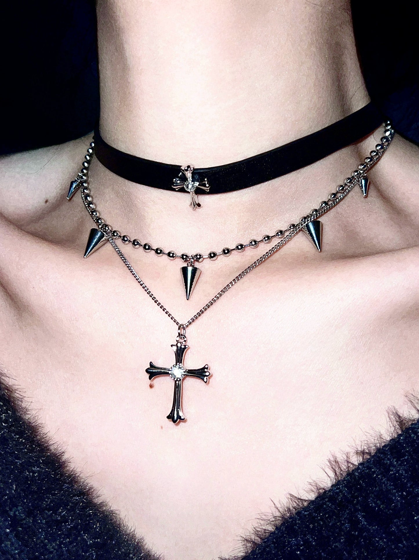 "Dark Iris" Cross Leather Necklace