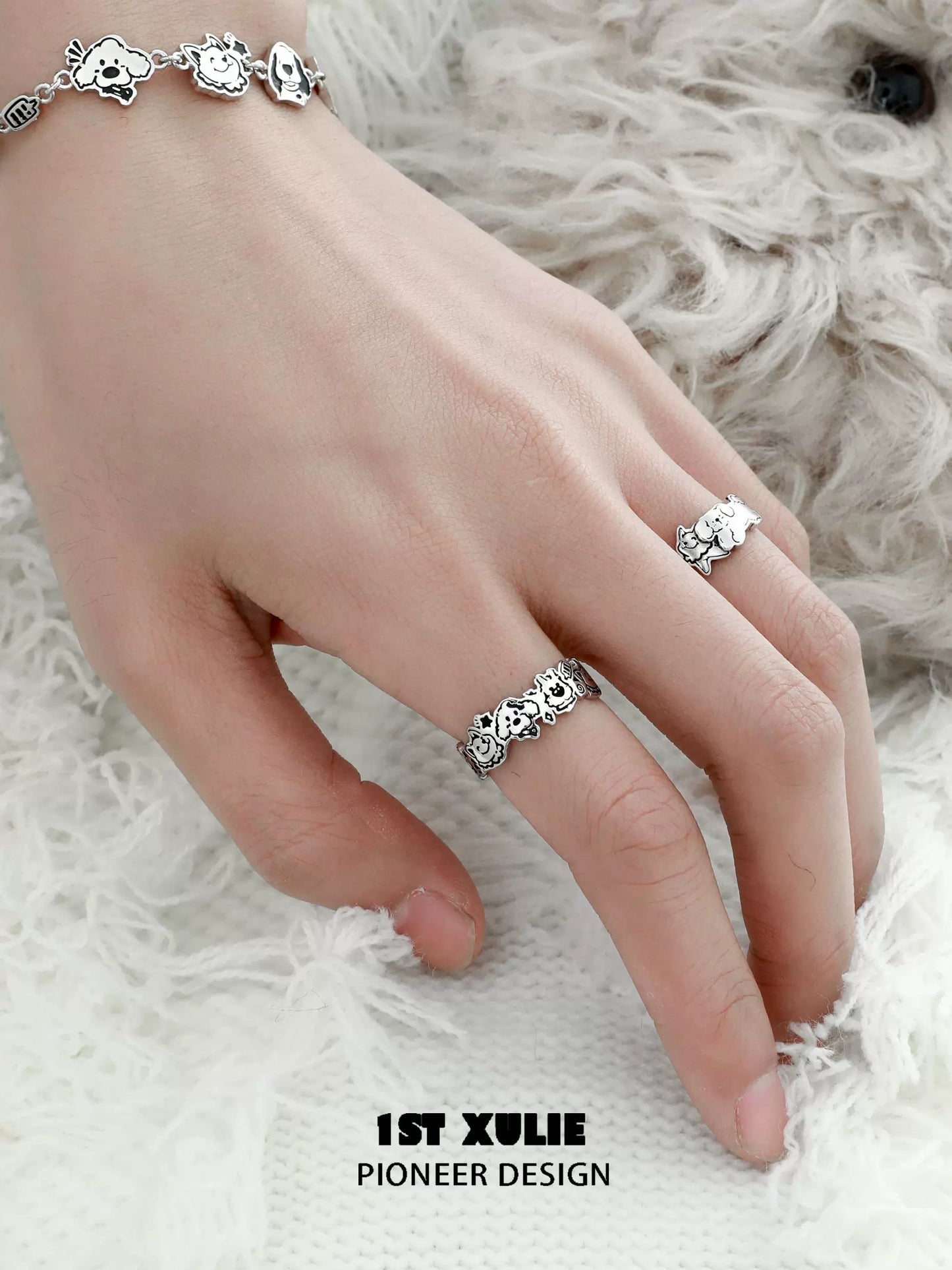 Y2K Happy Puppy Silver Ring