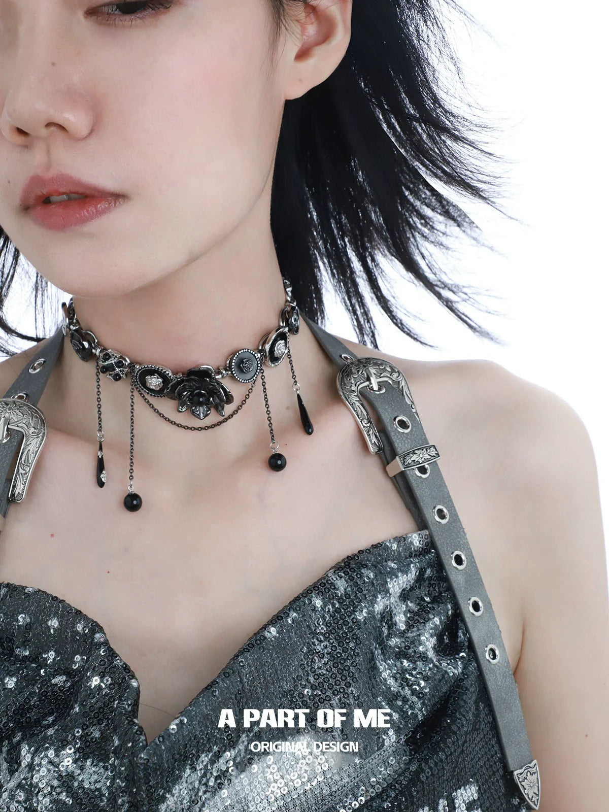 Black Flower Button Necklace