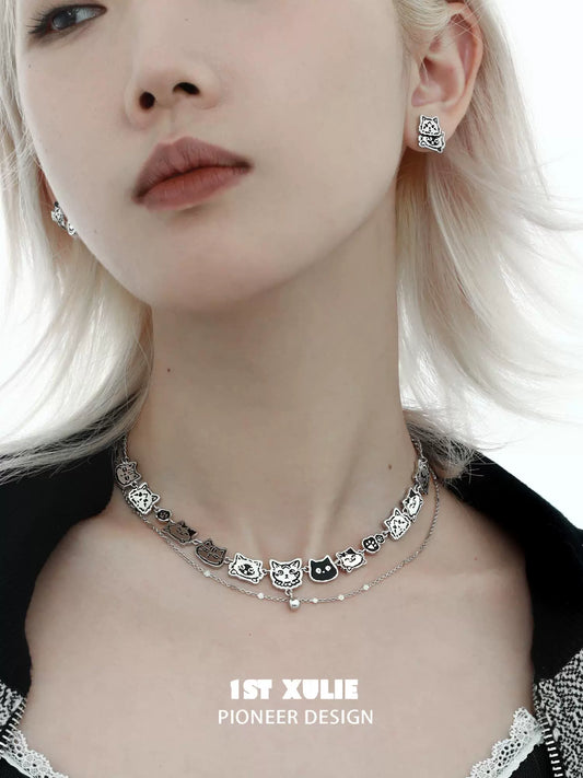 Necklaces-1STXULIE Graffiti Cat Double Necklace Original Niche Design Advanced Sweet Cool Clavicle Chain 2025 New