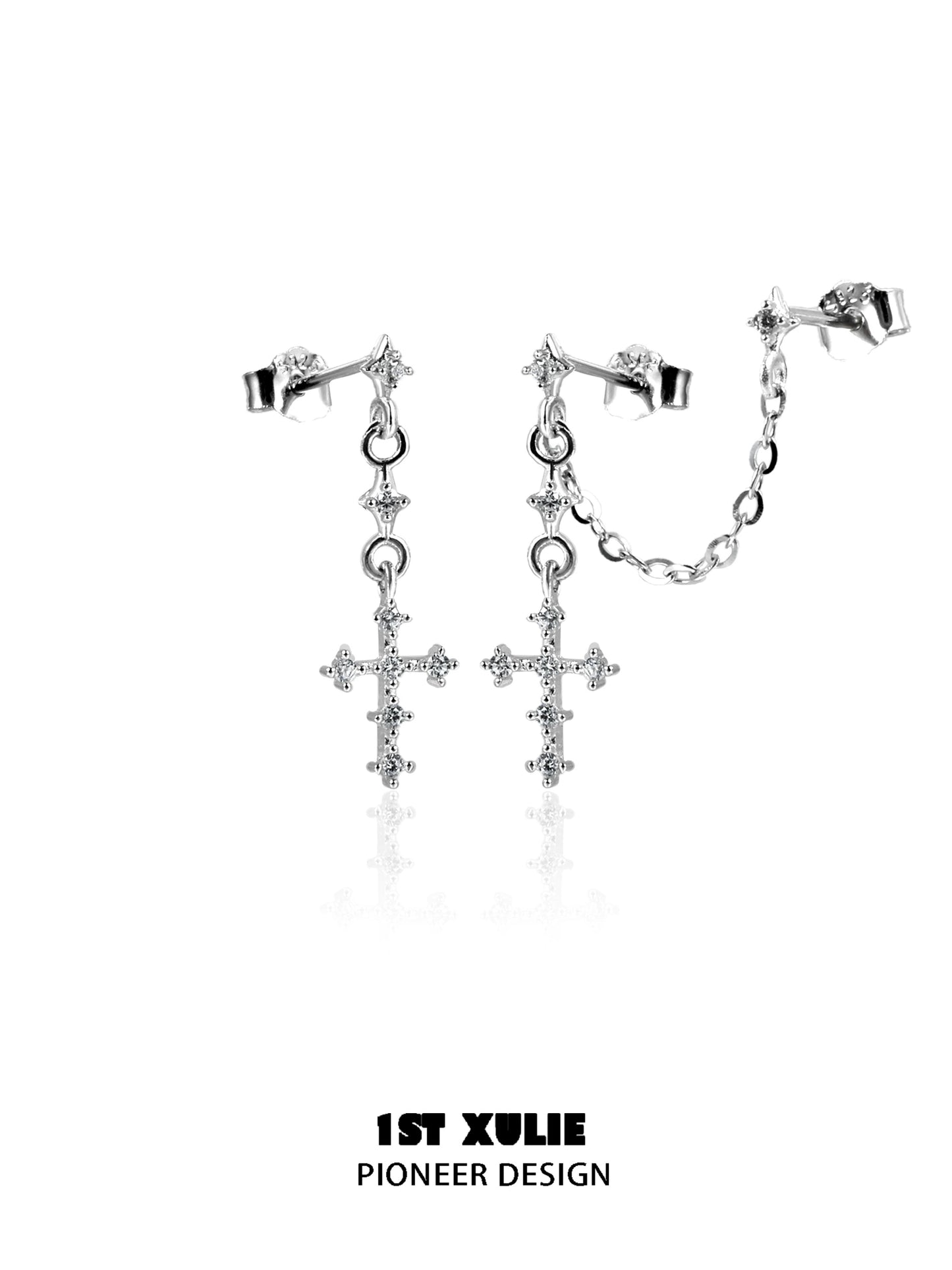 Futuristic Chain Cross Silver Earrings