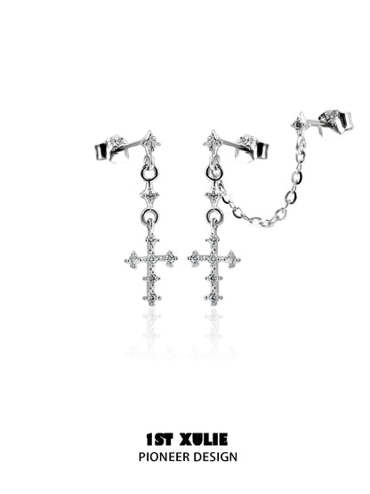 Futuristic Chain Cross Silver Earrings