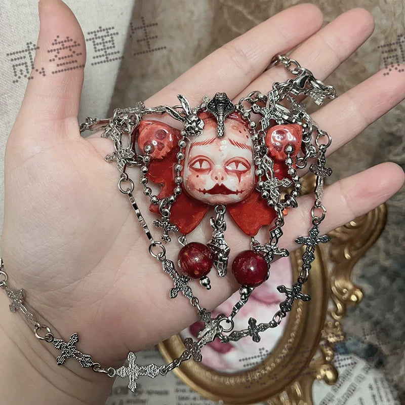 Necklaces-Ersan Tongsheng Original Handmade Clay Spice Girl Dark Butterfly Decadent Cross Doll Niche Subculture Necklace