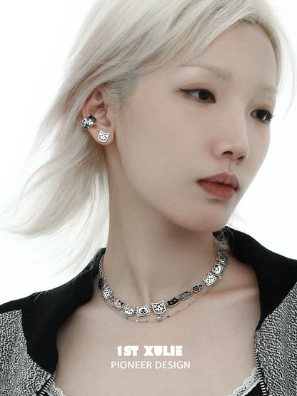 Necklaces-1STXULIE Graffiti Cat Double Necklace Original Niche Design Advanced Sweet Cool Clavicle Chain 2025 New