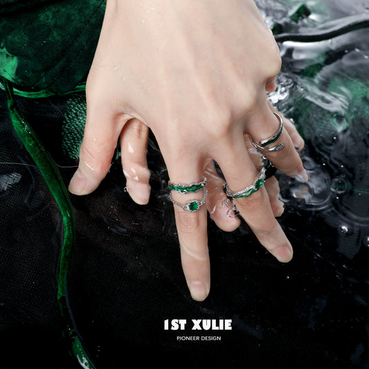 Slytherin Green Snake Chain Silver Ring