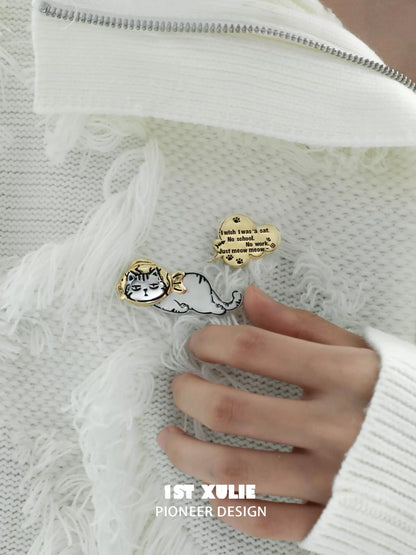 Cute Lazy Cat Silver Brooch