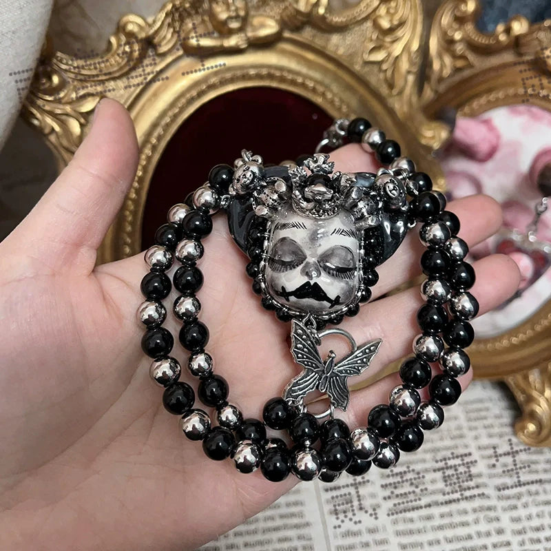 Necklaces-Ersan Tongsheng Original Handmade Doll Pendant Beaded Clavicle Chain Necklace Dark Subculture Black