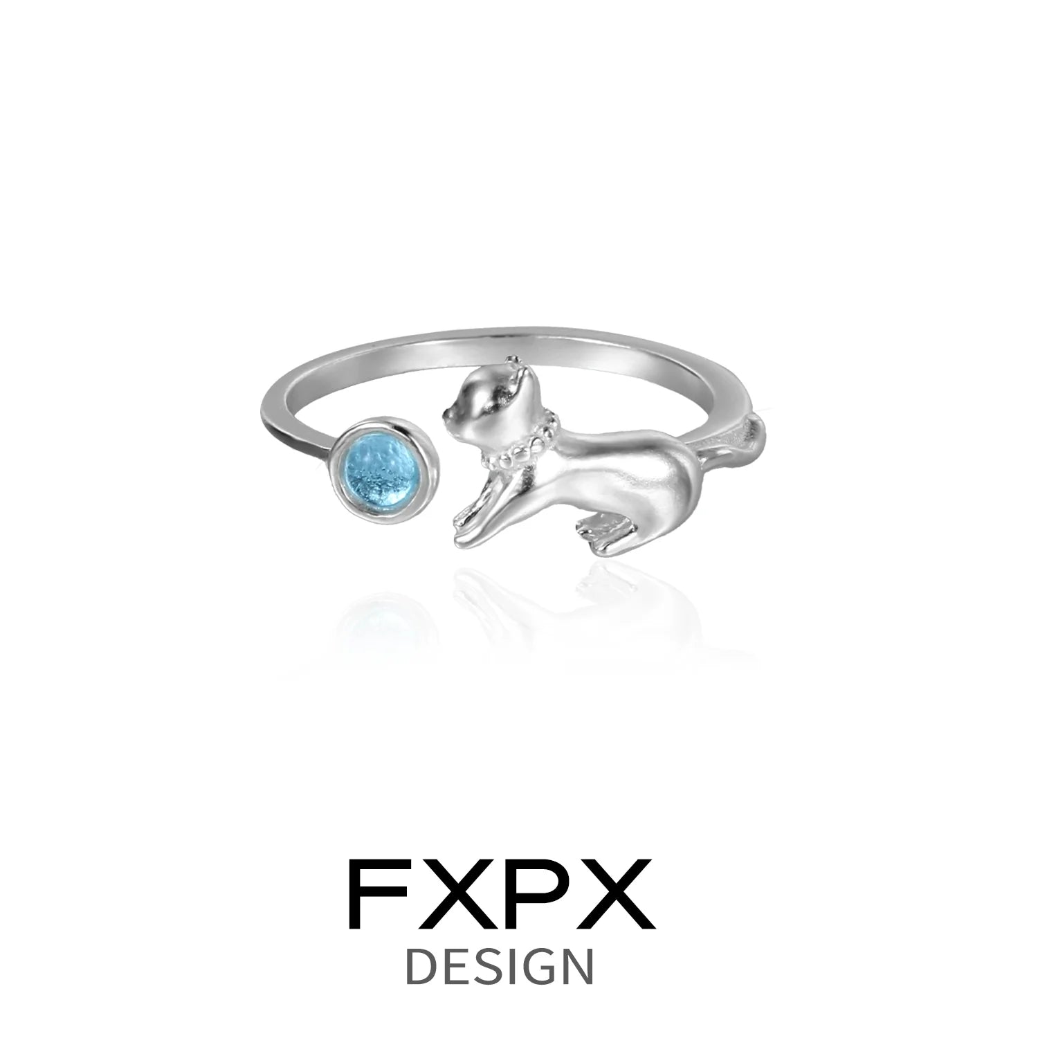 Cute blue cat ring by FXPX featuring a silver cat design with a blue gemstone accent