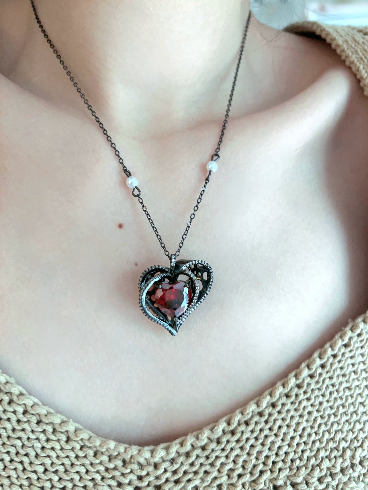 "Dark Peach Heart" Gothic Rose Necklace