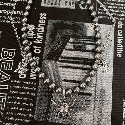 Necklaces-Ersan Tongsheng Original Grey Crystal Glass Pearl Spider Pendant Skull Pearl Splicing Punk Collarbone Chain