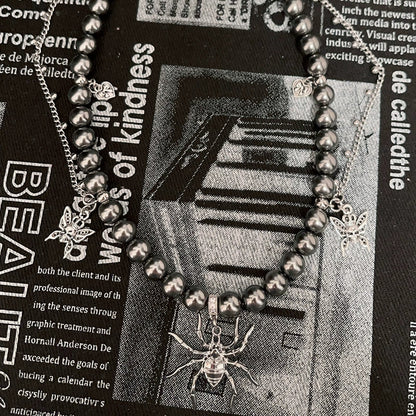 Necklaces-Ersan Tongsheng Original Grey Crystal Glass Pearl Spider Pendant Skull Pearl Splicing Punk Collarbone Chain