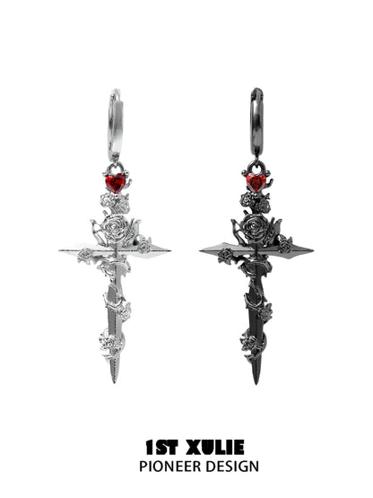 Y2K Crimson Rose Cross Earrings