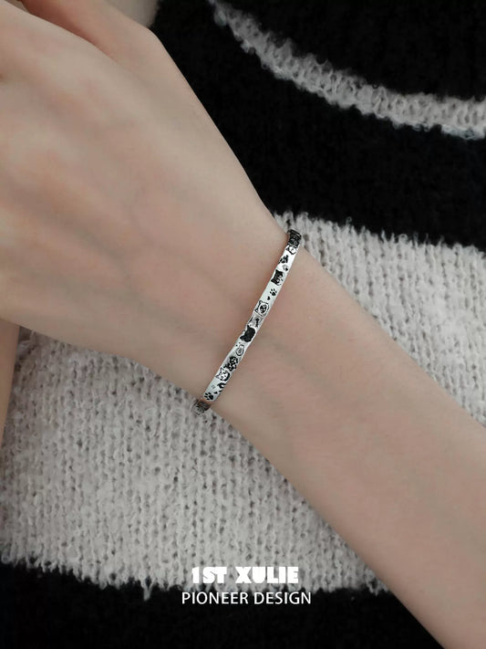 Happy Graffiti Cat Silver Bracelet