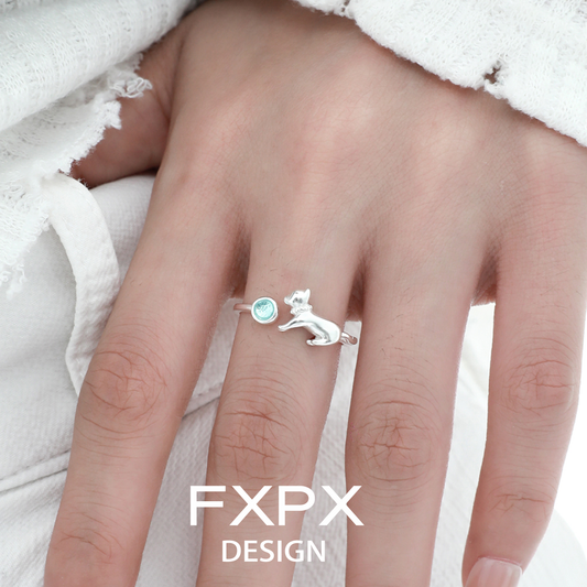 Cute blue cat ring featuring a silver cat design and turquoise gemstone for stylish pet lovers