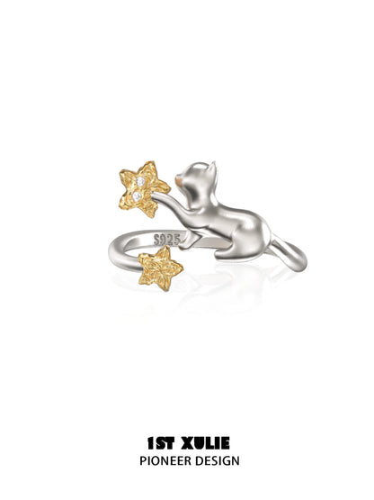 Star-Picking Cat Cool Silver Ring