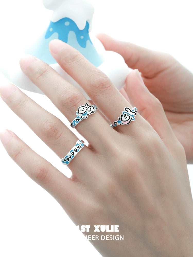 Angel Kitty & Puppy Silver Ring