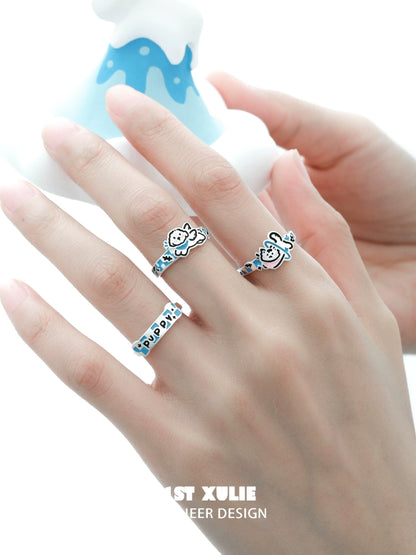Angel Kitty & Puppy Silver Ring