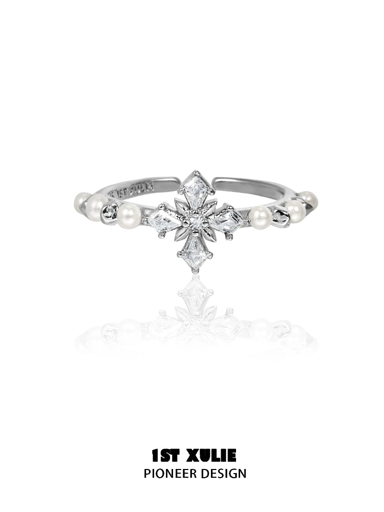 Light Domain Pearl Cross Silver Ring