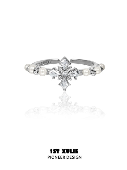 Light Domain Pearl Cross Silver Ring