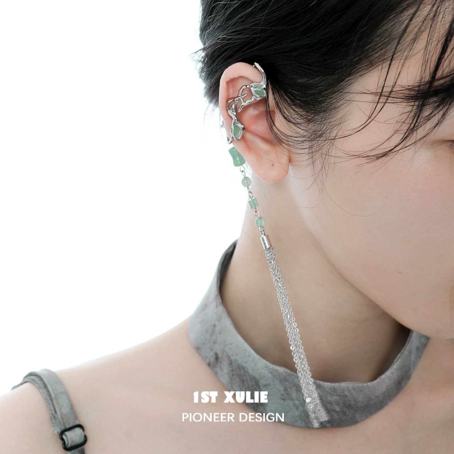 Jade Fringed Cascade Ear Clip
