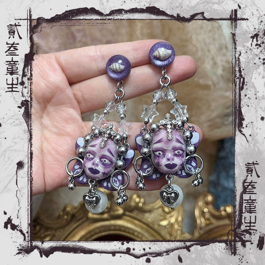 Earrings & Ear Cuffs - Original Handmade Dark Niche High Sense Spice Girls Purple Punk Dark Doll Earrings Earrings