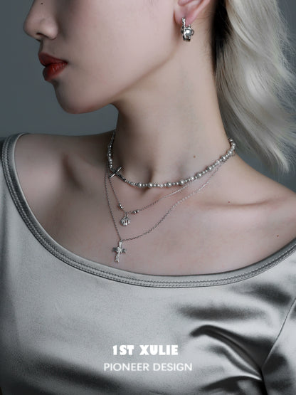 Necklaces-1STXULIE Gray Pearl Sterling Silver Necklace Does Not Fade Original Niche Design Premium Cross Double Clavicle Chain