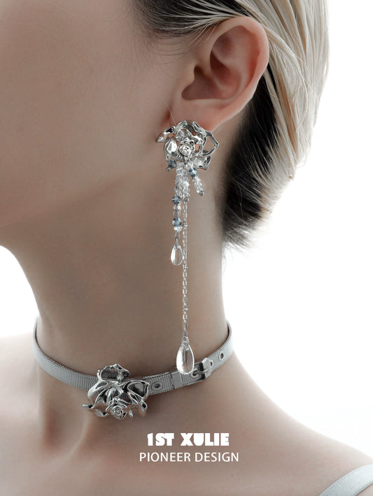 Crystal Rose Tassel Earrings