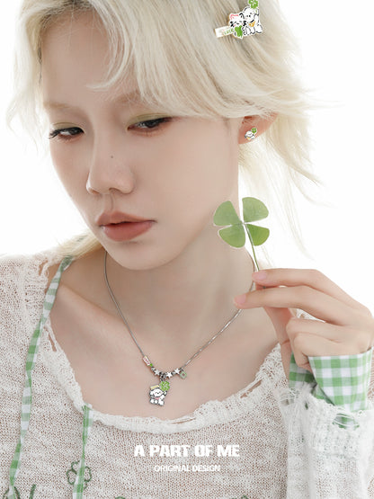 Lucky Clover Cat & Puppy Necklace
