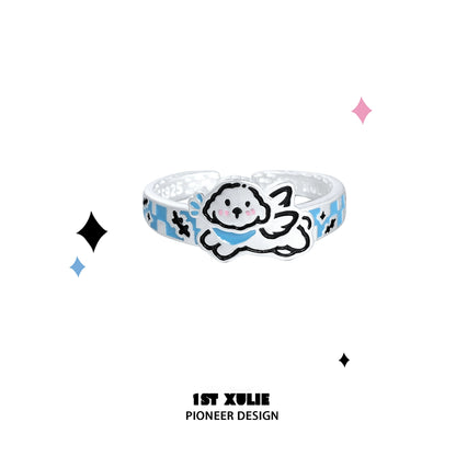 Angel Kitty & Puppy Silver Ring