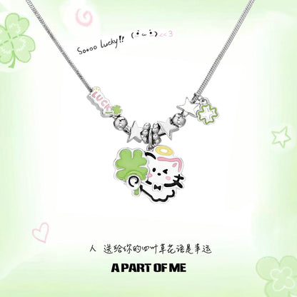 Lucky Clover Cat & Puppy Necklace