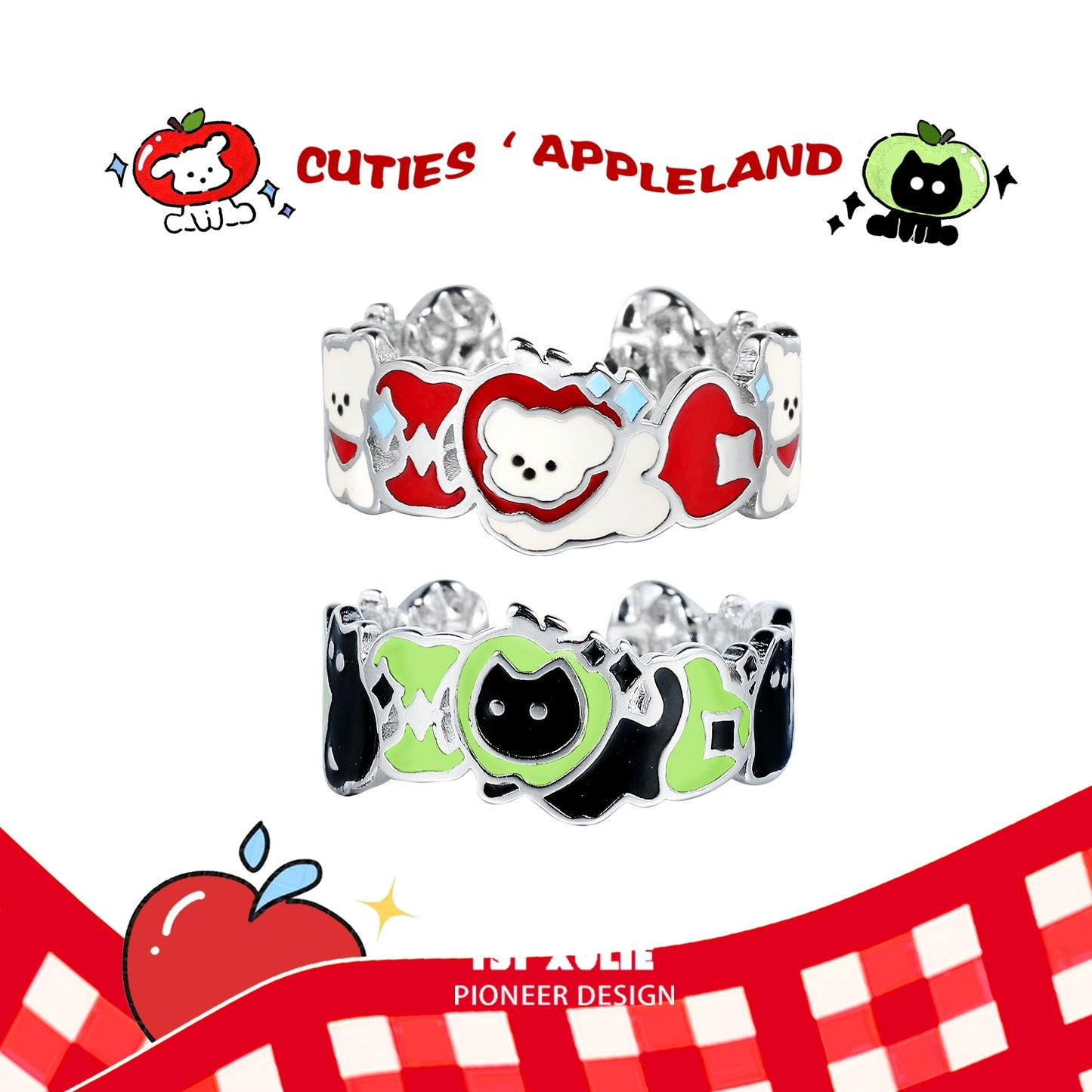 Apple Cat & Dog Paradise Silver Ring
