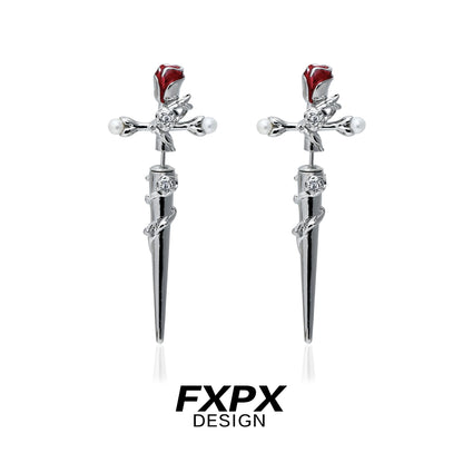 Gothic Mystic Rose Cross Earrings